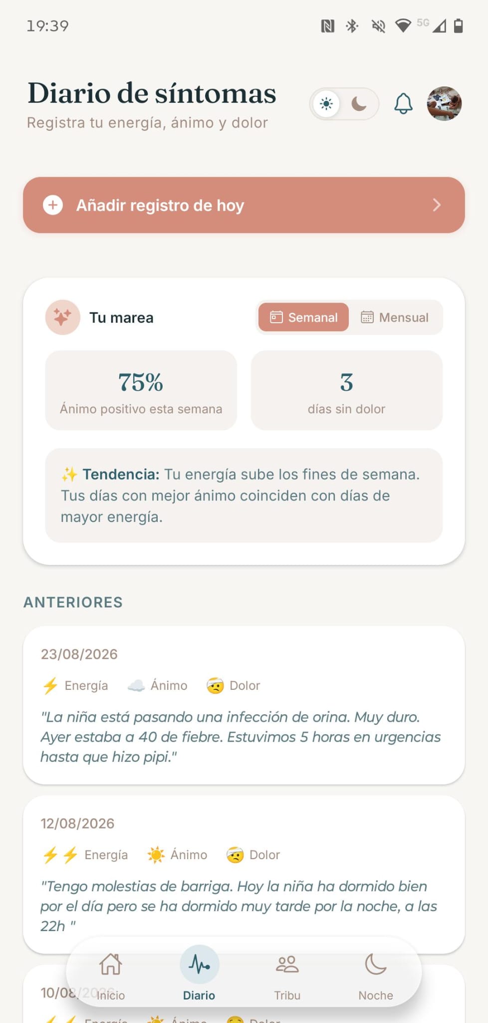 Pantalla de registro de síntomas de Marea